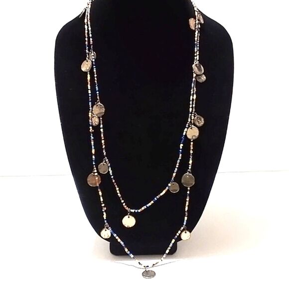 Boho Inspired Multi Color Seed Bead and Gold Disc Charm Necklace - Picture 3 of 6